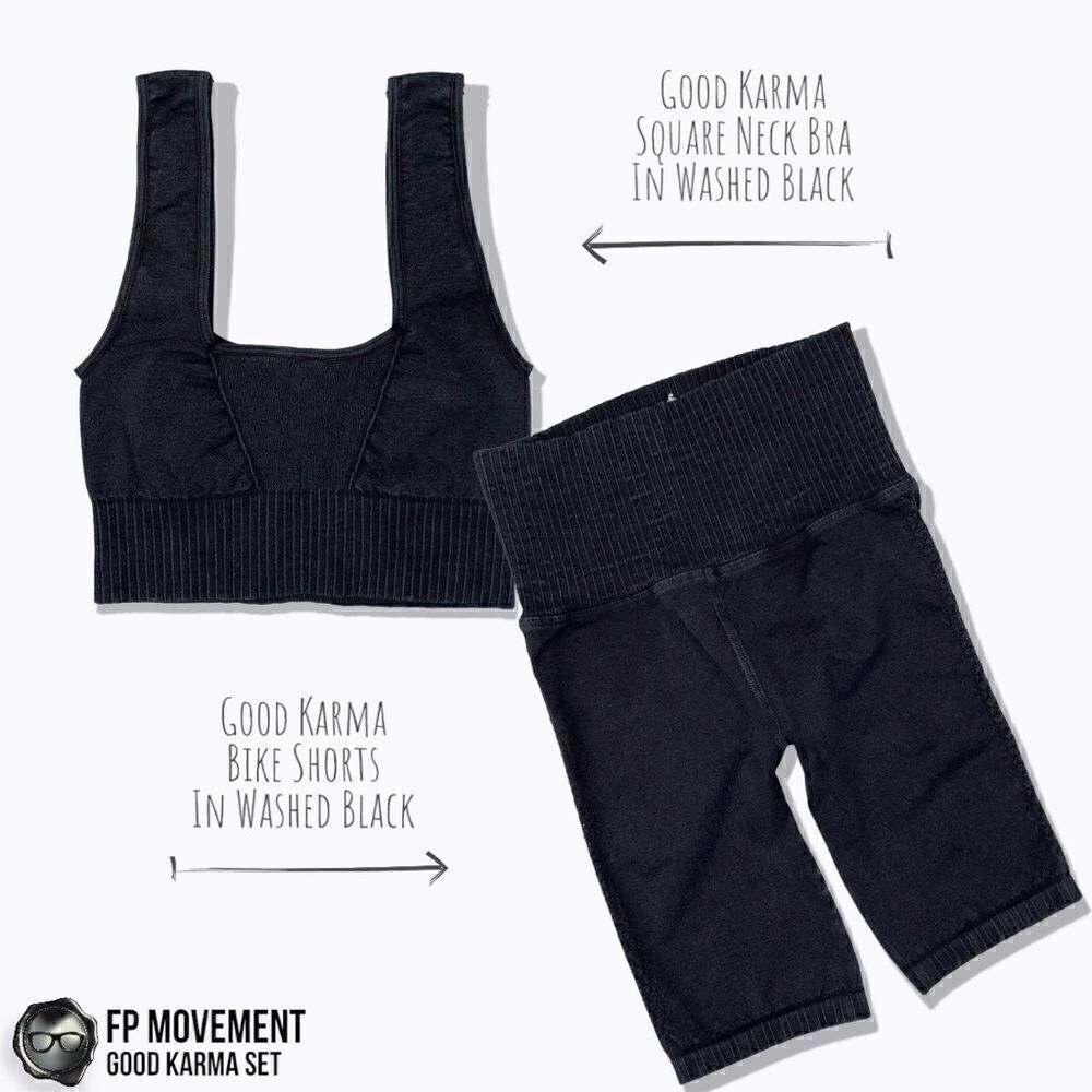 FP MOVEMENT GOOD KARMA SET: SQUARE NECK BRA + BIKE SHORTS WASHED BLACK XS/S M/L